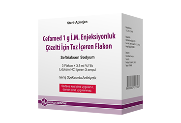 CEFAMED 1 G IM enjeksiyonluk çözelti hazırlamak için toz içeren flakon. 3 adet kutu görseli