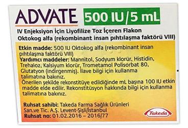ADVATE 500 IU/5 ml IV enjeksiyon için liyofilize toz içeren flakon { Eczacibasi-Baxalta } kutu görseli