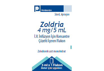 ZOLDRIA 4 mg/5 ml IV infüzyon için konsantre çözelti içeren 1 flakon kutu görseli