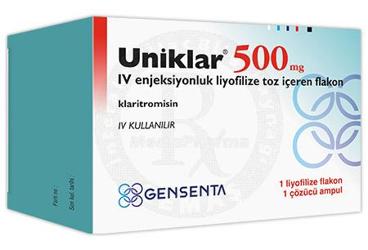 UNIKLAR 500 mg IV enjeksiyonluk liyofilize toz içeren flakon kutu görseli