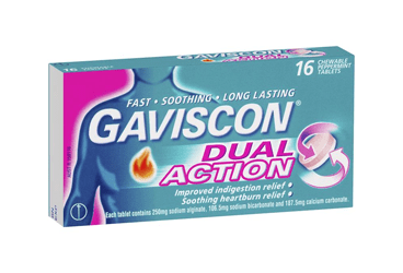 GAVISCON DOUBLE ACTION 250 mg / 106.5 mg / 187.5 mg 16 çiğneme tableti kutu görseli