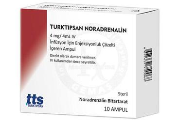 TURKTIPSAN NORADRENALIN 4 mg/4 ml IV infüzyon için enjeksiyonluk çözelti içeren 10 ampül kutu görseli