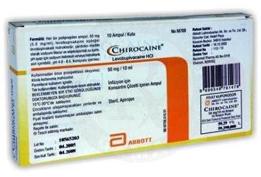 CHIROCAINE 50 mg/10 ml inf. için kons. çözelti içeren 10ml X 10 ampül {Abbott} kutu görseli