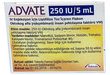 ADVATE 250 IU/5 ml IV enjeksiyon için liyofilize toz içeren flakon kutu görseli
