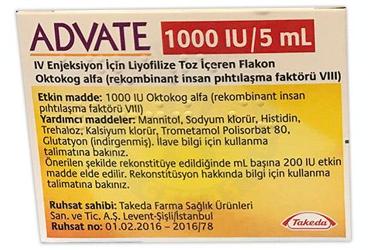ADVATE 1000 IU/5 ml IV enjeksiyon için liyofilize toz içeren flakon kutu görseli
