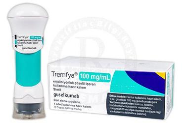 TREMFYA 100 mg/ml enjeksiyonluk çözelti içeren kullanıma hazır kalem (1 kalem) kutu görseli