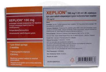 XEPLION 100 mg/1 ml IM uzun salımlı süspansiyon içeren kullanıma hazır enjektör kutu görseli