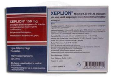 XEPLION 150 mg/1.5 ml IM uzun salımlı süspansiyon içeren kullanıma hazır enjektör kutu görseli