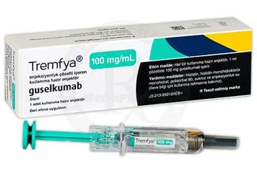 TREMFYA 100 mg/ml enjeksiyonluk çözelti içeren kullanıma hazır enjektör kutu görseli