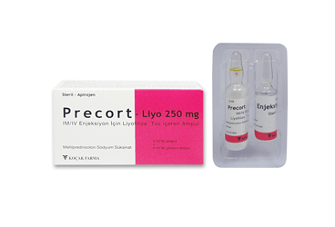 PRECORT-LIYO 250 mg IM/IV enjeksiyon için liyofilize toz içeren ampül kutu görseli